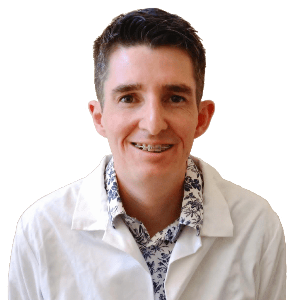 Justin Maher in lab coat ready for business